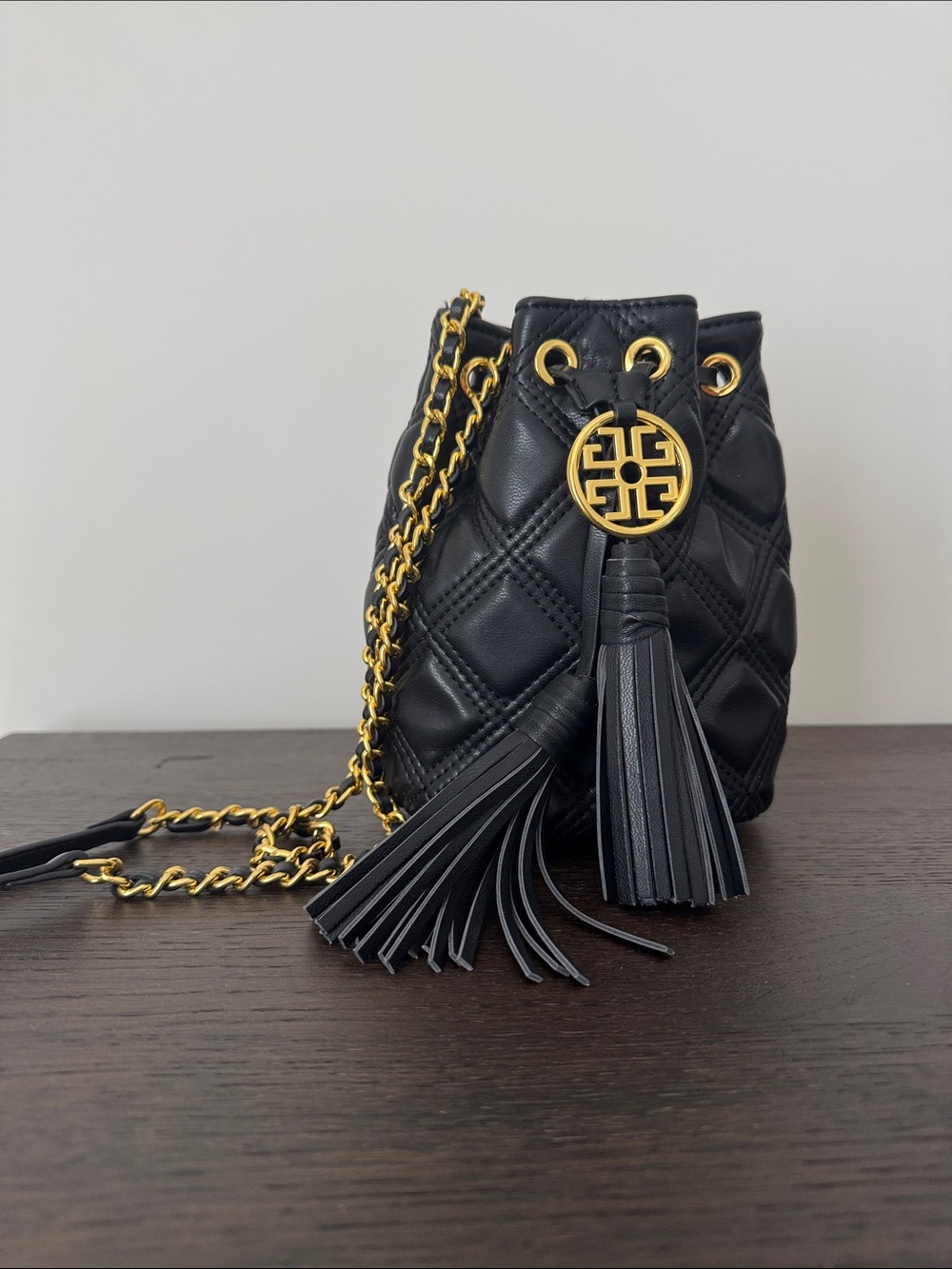 NWOT Black Quilted Leather Bucket Bag with Gold Chain & Tassel